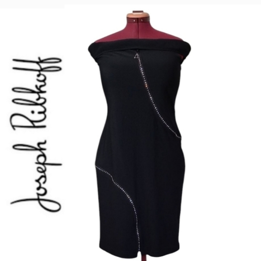 Joseph Ribkoff Jeweled Zipper Black Off-Shoulder Cocktail Dress Sexy